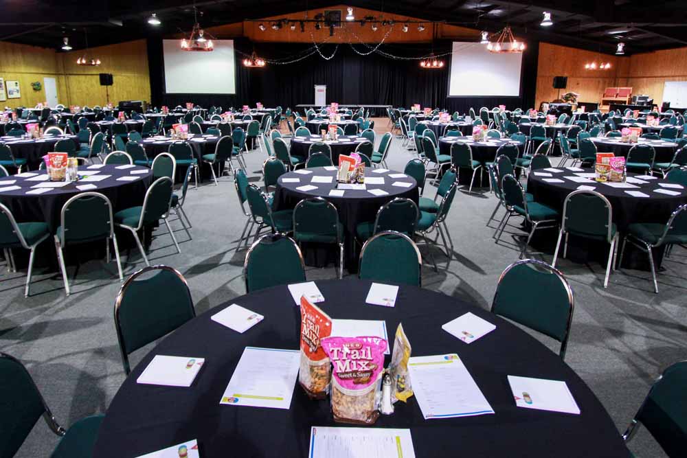 large room with trail mix as center piece